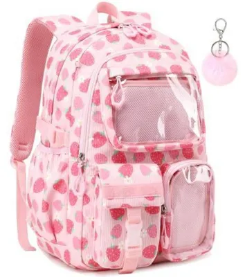 Productafbeelding van Meisjesrugzak, aardbeertjesprint, corduroy, schooltas, basisschool, kinderrugzak, roze
