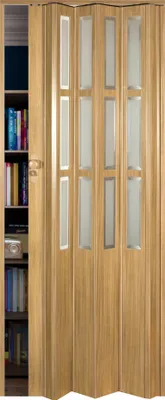 A folding door with frosted glass panels is shown next to a bookshelf filled with books.