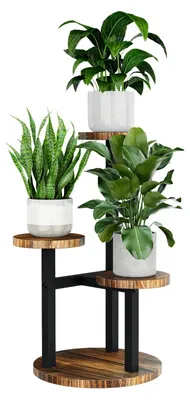 Produktbild von Blumenständer aus Holz, Pflanzenständer, Zimmerpflanzenregal, kleiner Blumenständer aus Metall für Terrasse, Garten, Balkon, Wohnzimmer, Schlafzimmer (3 Ebenen)