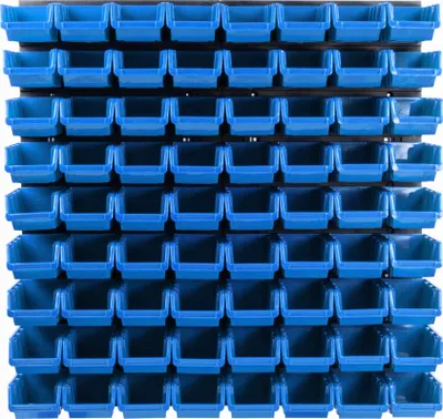 A wall-mounted storage system with multiple blue bins.