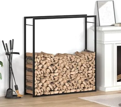 Obrázek produktu pro Ocelový regál na dřevo, matná černá barva, rozměry 110 x 28 x 116 cm. Regál na dřevo pro krb, pec, terasu nebo zahradu, s nástěnným držákem pro přehledné uskladnění dřeva