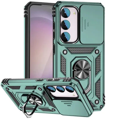 Immagine prodotto di Custodia per Samsung Galaxy S23 FE a doppio strato con copertura scorrevole della fotocamera e supporto ad anello verde