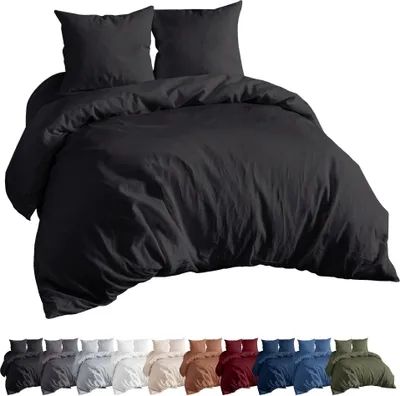 A black duvet cover and pillow set is displayed prominently, with a row of other duvet cover sets in various colors shown below.