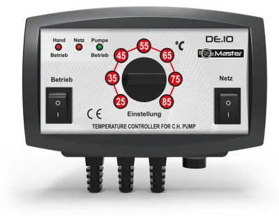 A close-up studio shot of a temperature controller for a central heating pump.