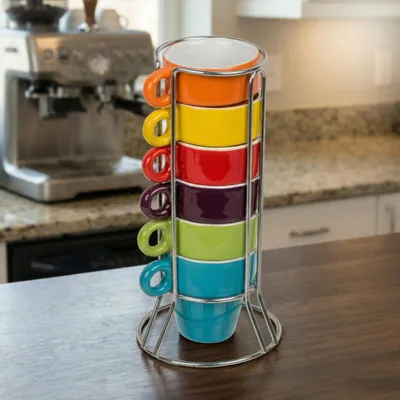 6 Espressotassen mit Chromständer, Steingut, 60 ml, stapelbar