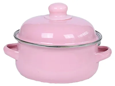 A pink enamel pot with a lid and two handles, isolated on a white background.