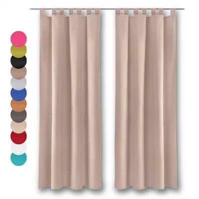 A pair of beige curtains with loops hanging from a curtain rod against a white background. A color swatch palette is visible on the left side of the image.