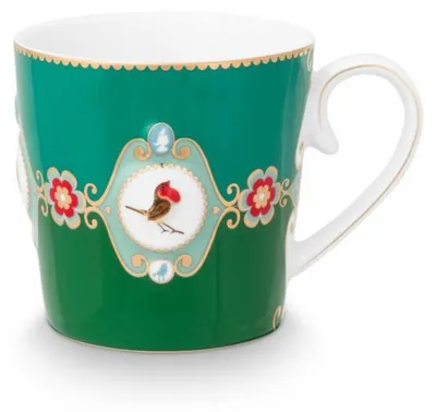 Image de PIP STUDIO, mug avec anse en forme de médaillon, motif oiseaux amoureux, vert, 0,25 litre