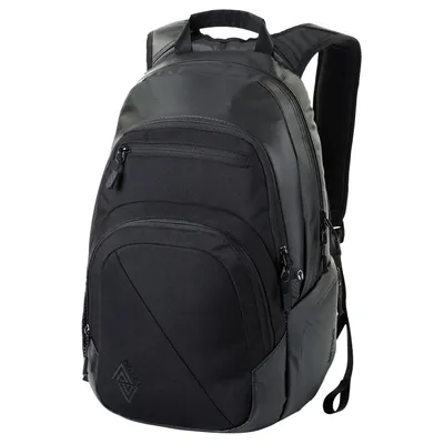 A black backpack is shown against a white background.