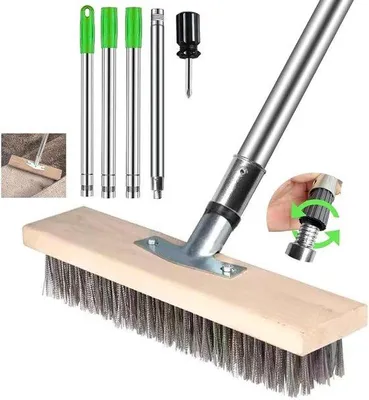 Image de Balai en acier avec brosse métallique de 170 cm - pour les terrasses, pour enlever la mousse et les mauvaises herbes - Balai en acier avec brosse métallique de 30 cm