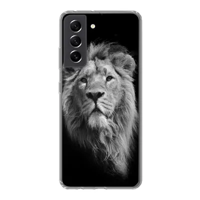 Produktbild von MuchoWow® Handyhülle Schutzhülle Hülle für Samsung Galaxy S21 FE Asiatischer Löwe vor schwarzem Hintergrund in Schwarz und Weiß Silikon Softcase Handy Hülle - Mobiltelefonhülle
