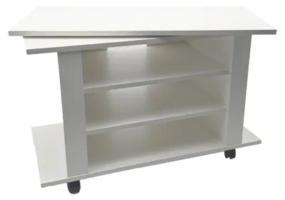 TV Lowboard Weiß 78 cm mit drehbarer Platte und Rollen, Gesamtansicht mit drei offenen Fächern und Rollen sichtbar.