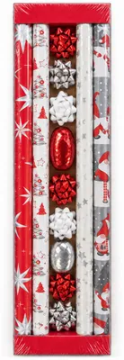 Immagine prodotto di Benza – Set per confezionare regali natalizi – 4 rotoli di carta da regalo (200 x 70 cm) – 2 rotoli di nastro raso e 7 fiocchi – Colori: rosso, bianco, argento, Immagine generata dall'IA