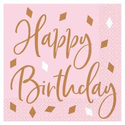 Produktbild von 16 Servietten Happy Birthday Rosa mit Rosegold Konfetti 33x33cm Partydeko -
