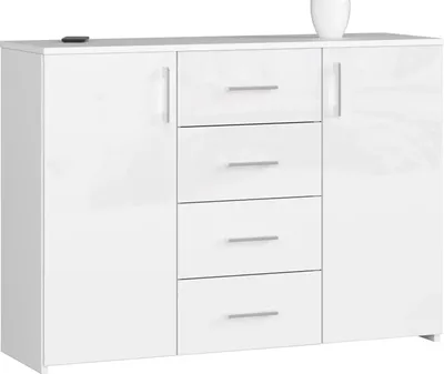 Image de Commode K45 Brillante Blanche pour Montage Facile et Rangement avec 4 Tiroirs et 2 Portes