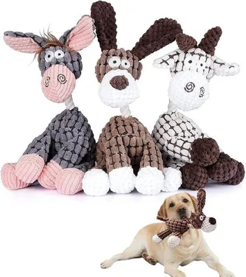 Image de Trois peluches toutes douces : un chien qui fait « ouaf », un mouton, pour les petits et moyens chiens.