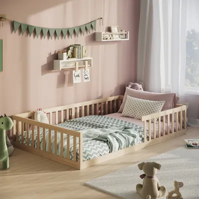 Produktbild von Bodenbett Bett mit Rausfallschutz & Lattenrost Montessori Bett Kinder Jugendbett Einzelbett optional mit Matratze | natur Kiefer 140x200 cm