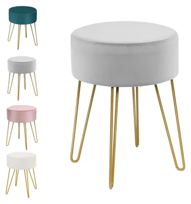 Produktbild von Runder Hocker für den Schminktisch, Samthocker mit goldenen Metallbeinen, eleganter Polsterhocker für Wohnzimmer und Schlafzimmer, 34 x 46 cm (Grau)