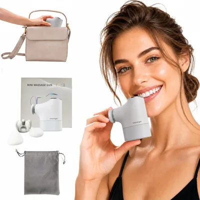 Produktbild von Tragbare Massagepistole klein, kabelloses Muskelmassagegerät mit leisem Motor, 4 Stufen und wechselbaren Köpfen für Schulter, Nacken, Rücken und Beine