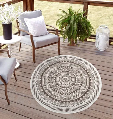 Produktbild von Rikmani Outdoor Teppich rund Wetterfest für Terrasse, Balkon, modernes Design, ideal für Küche und Esszimmer, robuster Teppich