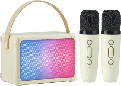 Produktbild von ele eleoption Lautsprecher mit 2 Karaoke Mikrofon, tragbarer Bluetooth-Karaoke-Lautsprecher für Kinder und Erwachsene mit LED-Lichtern, Geschenke für Mädchen und Jungen, Weihnachten, Geburtstag  (Beige)