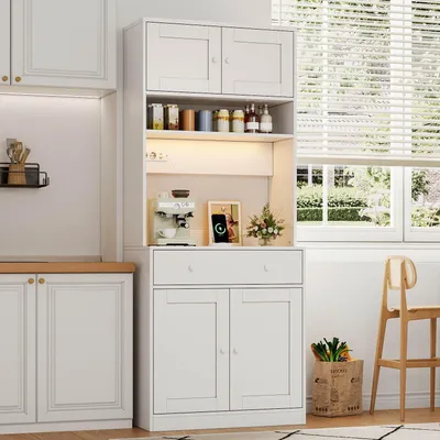 Produktbild von Flieks Küchenschrank mit LED, Gewürzregal und großer Schublade, Hochschrank mit Steckdose, Sideboard für Küche, Esszimmer & Wohnzimmer, Weiß