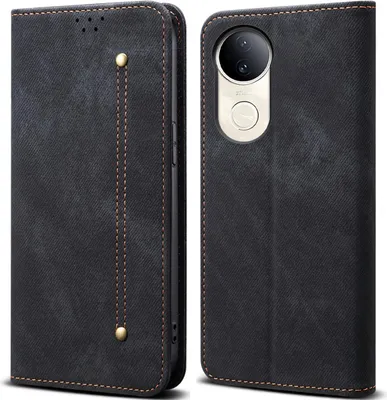 Image de Etui pour Vivo V50, Etui portefeuille en cuir avec fermeture magnétique et socle Noir