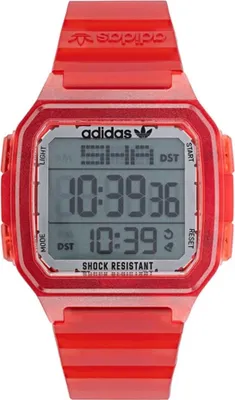A digital watch with a red strap and case, displayed against a white background.
