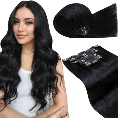 Image de Extensions à clipser, cheveux naturels, couleur noire, 65 cm, 150 g, 7 pièces, lisses