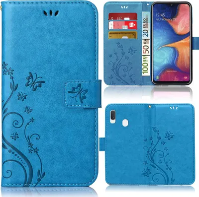 Produktbild von Handy Tasche für Samsung Galaxy A20e Schutz Hülle Handyhülle mit Blumenmuster Klapp Hülle mit Standfunktion und Kartenfächer Blau