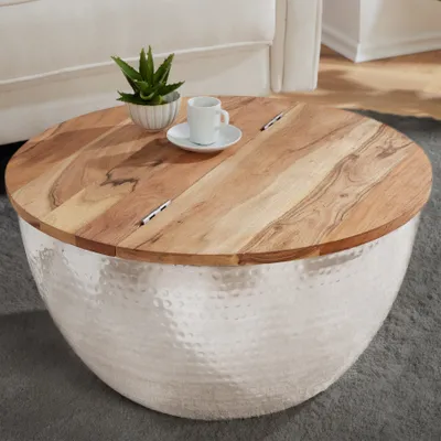 Produktbild von riess-ambiente Runder Couchtisch ORIENT STORAGE 60cm silber Akazienholz mit Stauraum Hammerschlag Beistelltisch Tisch