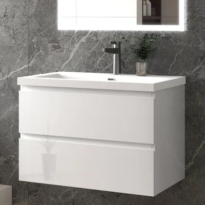 Produktbild von 80 cm Badmöbel-Set Unterschrank mit Rechteckiges Waschbecken 2 Schubladen soft-close Hochglanz Weiß Selbstmontierter