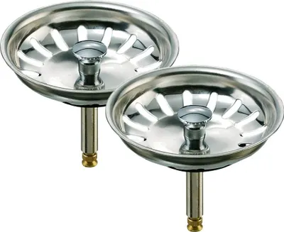 Produktbild von 2er SET Universal Siebkörbchen 3,5 Zoll (ø 80mm - 82mm) - Edelstahl-Siebkorb für Küchenspülen mit Excenter-Bedienung, passend für viele Marken-Spülen