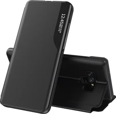 A black smartphone case with a smart view window is displayed against a white background.