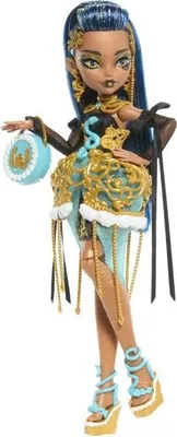 Image de Poupée Monster High Cleo De Nile, Monstrueux Anniversaire, Robe Or et Turquoise, 11 Points d'Articulation, 7 Accessoires