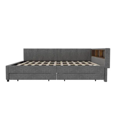 Produktbild von Merax Tagesbett Daybett 140x200 cm, Schlafsofa mit LED, USB+Typ C, 2 Schubladen, Ablagefach, Schlafsofa, Leinen Polsterbett, Grau