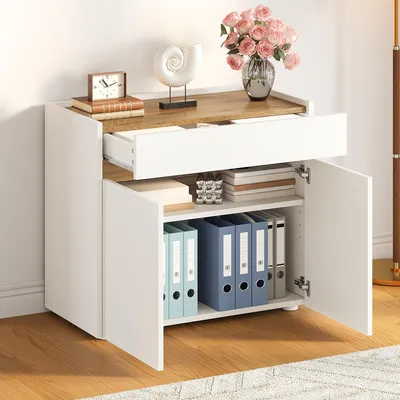 Produktbild von Flieks Aktenschrank mit Verstellbare Einlegeböden, einer Schublade und zwei Fächern, Aufbewahrungsschrank, Schrank für Wohnzimmer, Büro, Weiß