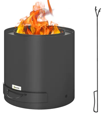 Produktbild von Feuerschale Ø45x42cm aus Edelstahl Feuerstelle mit Schürhaken Aschenwanne Schwarz