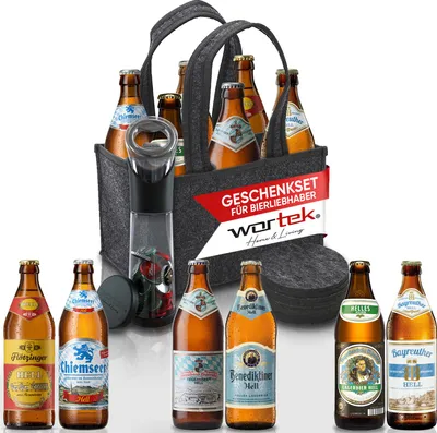 Produktbild von wortek Geschenkset Männer inkl. 6 bayerischen Bier - Männerhandtasche aus Filz + Flaschenöffner mit Auffangbehälter + Untersetzer Gläser 6er Set