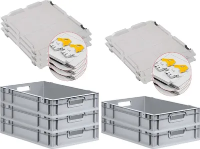 Produktbild von SuperSparSet 5x Eurobox NextGen Grip mit Scharnierdeckel und gelben Schiebeschnappverschlüssen | HxBxT 12x40x60cm | 23 Liter | Grau | Griffe offen | Glatter Boden | Eurobehälter, Transportbox, Transportbehälter, Stapelbehälter