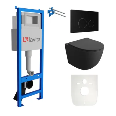 Produktbild von Lavita LAV 101 Vorwandelement für WC 40cm + Wand Hänge Tiefspül WC SINTO Schwarz Spülrandlos + Bedienplatte LAV 200.4.4 Schwarz | Komplettset | Unterputz Spülkasten | Toilette Komplett Sett
