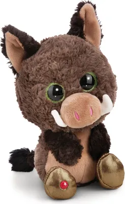 A plush toy wild boar sits facing forward against a white background.