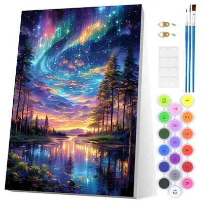 Produktbild von Malen nach Zahlen Set - Landschaft mit Aurora Motiv - DIY Ölgemälde mit Rahmen und 3 Pinseln - 20x30 cm