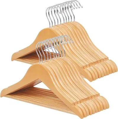 Image de Cintre en bois massif pour enfants - 20 pièces avec barre de pantalon antidérapante et encoches, crochet pivotant à 360°, 35 x 12 x 20 cm, couleur naturelle