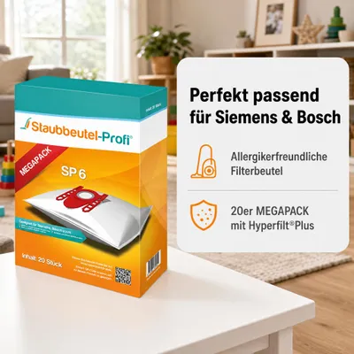 Produktbild von Staubsaugerbeutel SP6 kompatibel für Staubsauger Bosch BGL8XPERF BGL8XPER BGL8POW2 BGB75SIL (20 Staubsaugerbeutel), KI-generiertes Bild