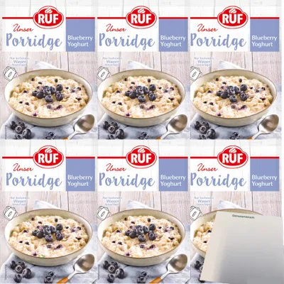 Produktbild von RUF Porridge Blueberry Yoghurt 6er Pack (6x65g Beutel) + usy Block