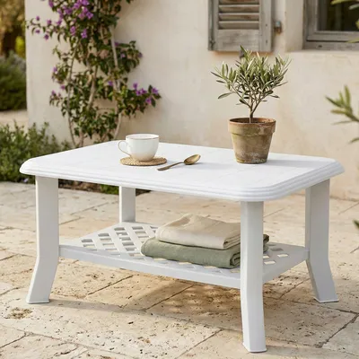 Immagine prodotto di Dmora Tavolo da Esterno Ucria 90x60x46h cm Bianco, 4 Posti Tavolo Tavolino