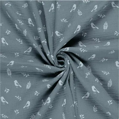 Musselin-Stoff Vögel ab 50x130cm 15 Farben Oeko-Tex Double Gauze Windeltuch Mulltuch graublau
