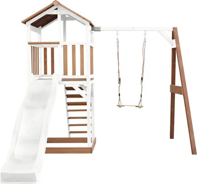 Imagen del producto de AXI Beach Tower torre de juegos de madera en marron y blanco | Casa de juegos para ninos con Tobogan blanco, columpio y arenero | Casa zancudo para