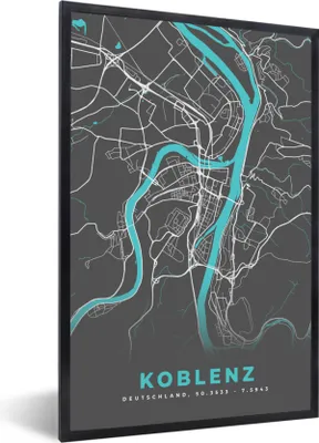 Produktbild von MuchoWow® Gerahmtes Poster Karte - Koblenz - Blau - Stadtplan - Deutschland 20x30 cm - Poster mit Schwarzem Bilderrahmen Wandposter Rahmen Foto Bilder - Drucken - Bilder Poster im Rahmen